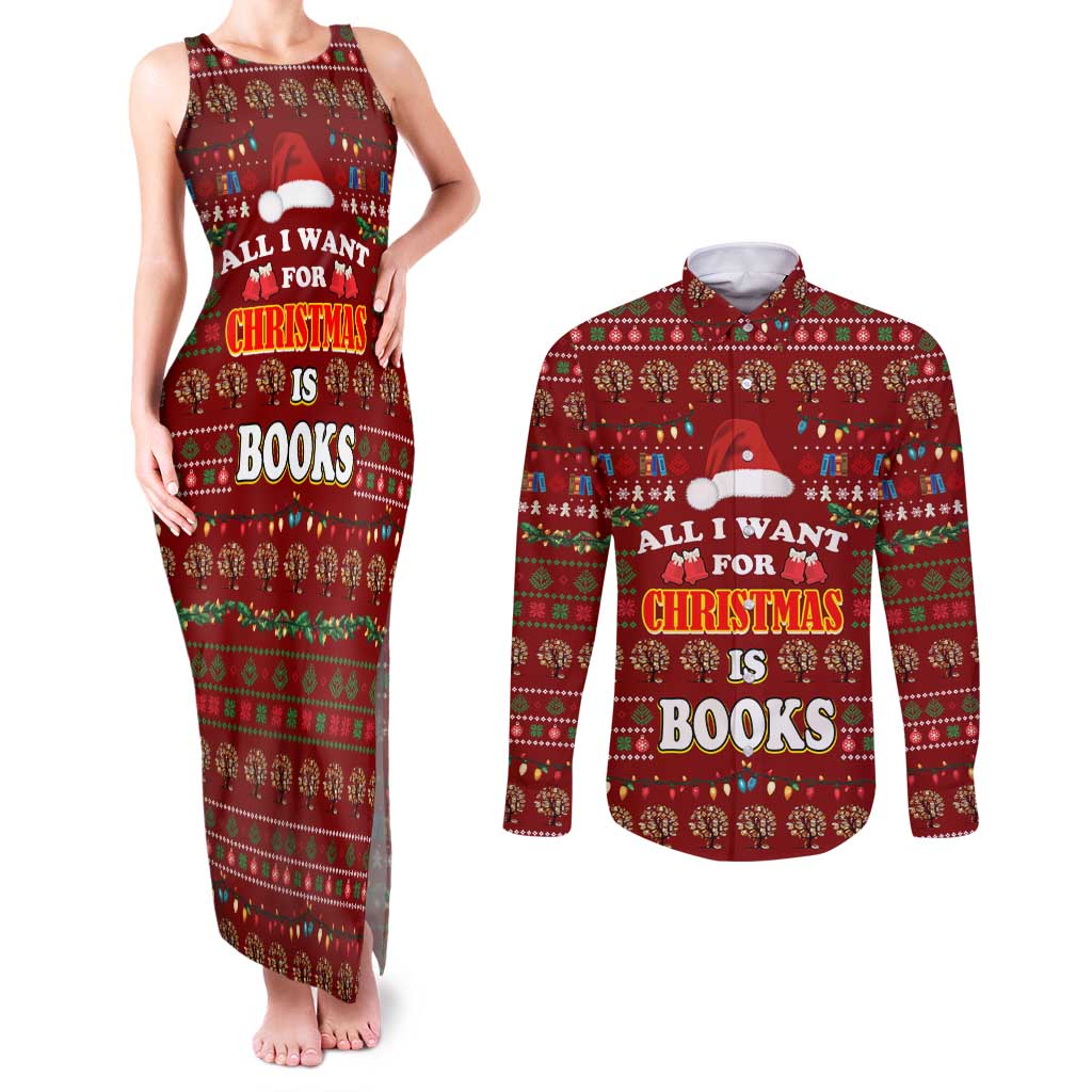 All I Want For Christmas Is Books Christmas Couples Matching Tank Maxi Dress and Long Sleeve Button Shirt Xmas Holiday Patterns - Wonder Print Shop