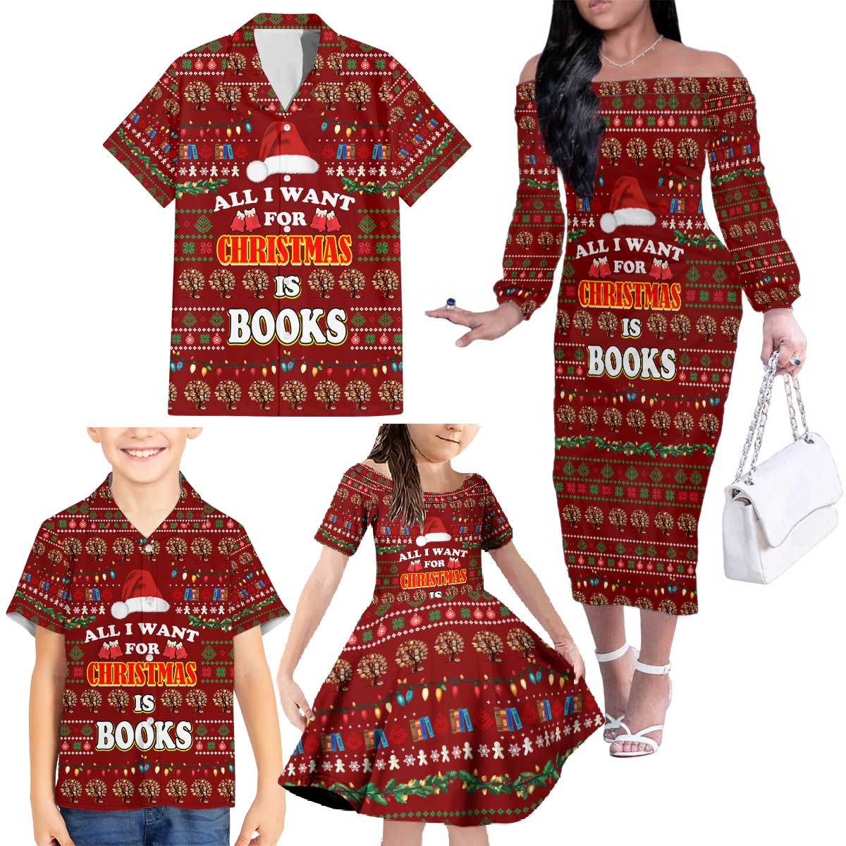 All I Want For Christmas Is Books Christmas Family Matching Off The Shoulder Long Sleeve Dress and Hawaiian Shirt Xmas Holiday Patterns - Wonder Print Shop