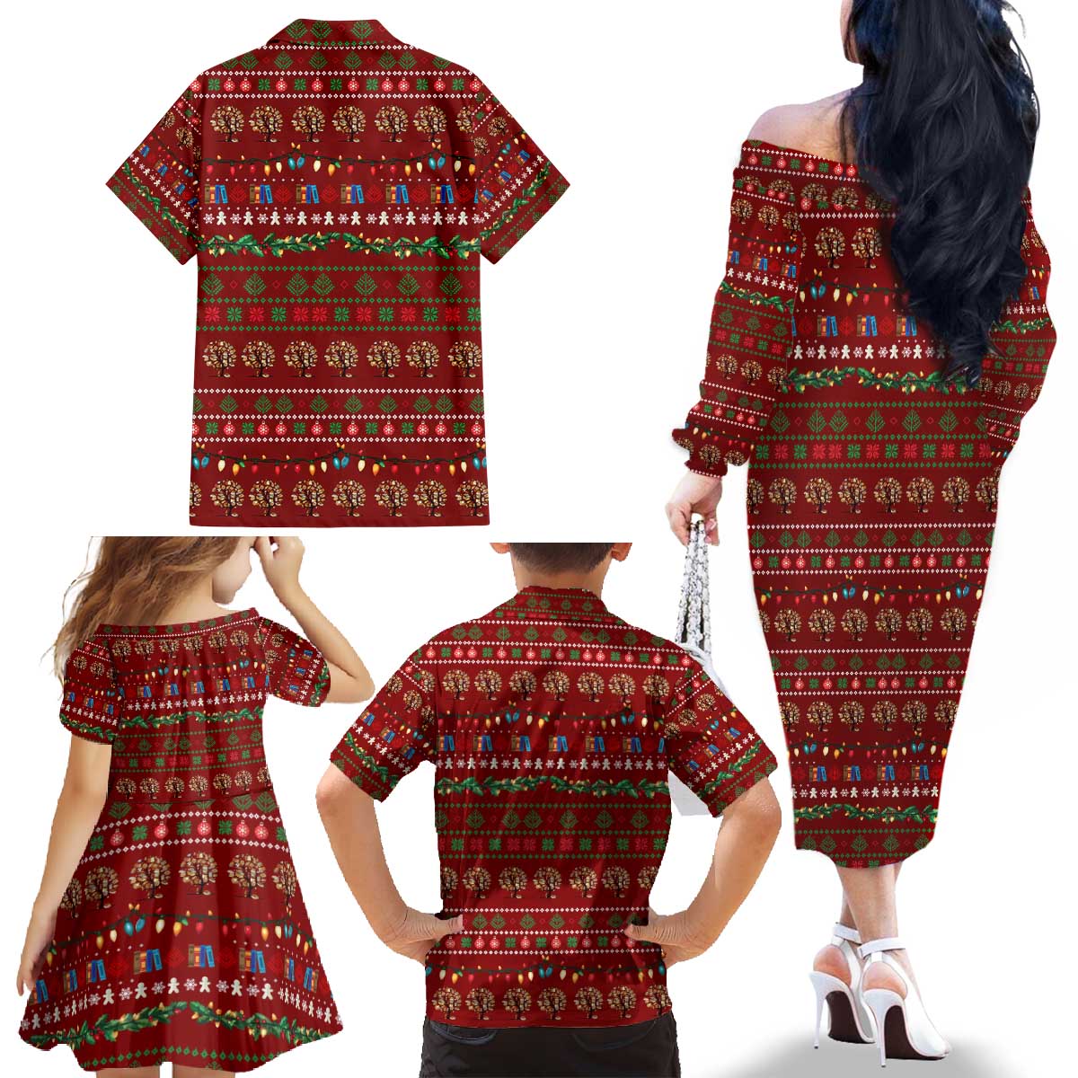 All I Want For Christmas Is Books Christmas Family Matching Off The Shoulder Long Sleeve Dress and Hawaiian Shirt Xmas Holiday Patterns - Wonder Print Shop
