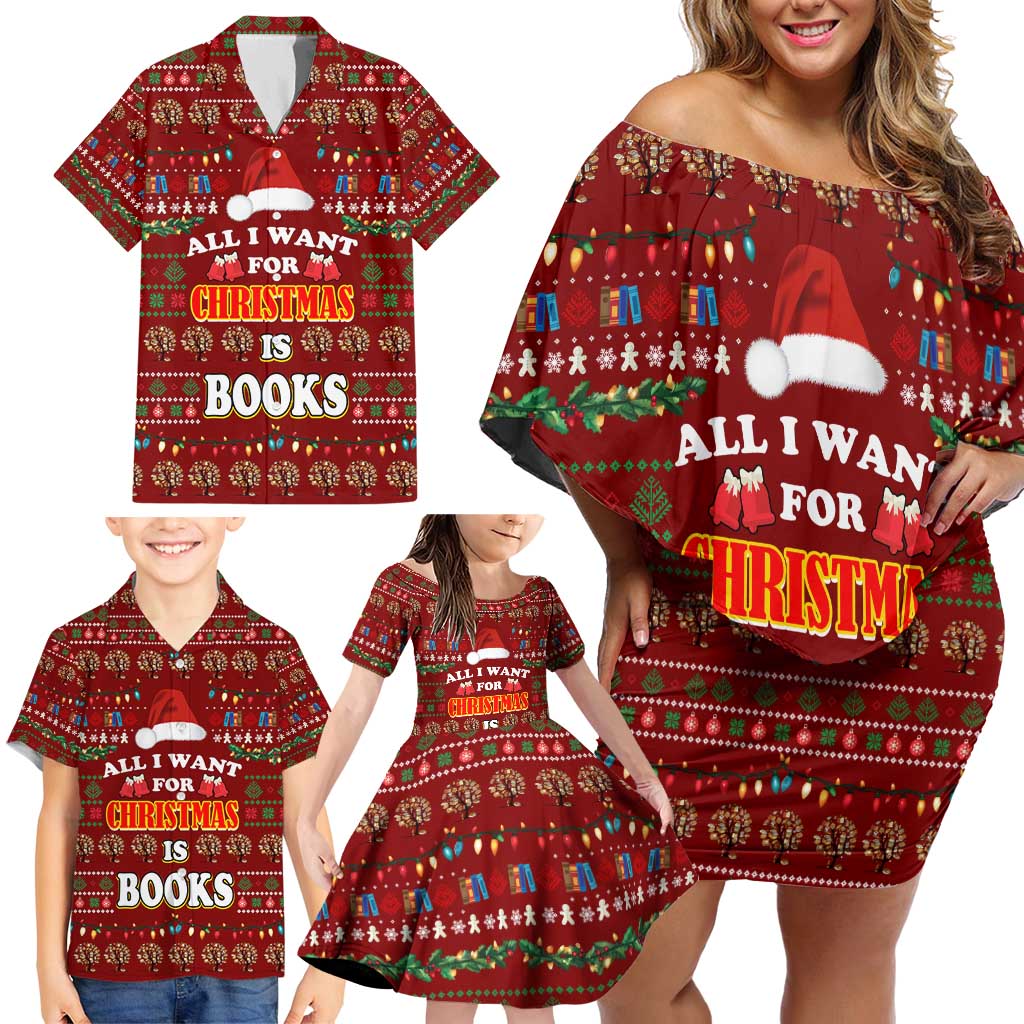 All I Want For Christmas Is Books Christmas Family Matching Off Shoulder Short Dress and Hawaiian Shirt Xmas Holiday Patterns - Wonder Print Shop