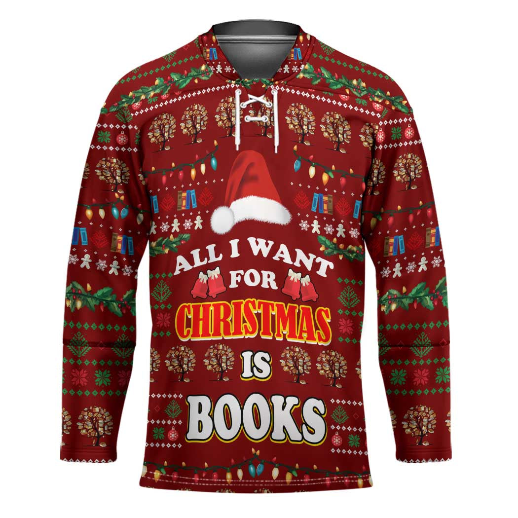 All I Want For Christmas Is Books Christmas Hockey Jersey Xmas Holiday Patterns - Wonder Print Shop