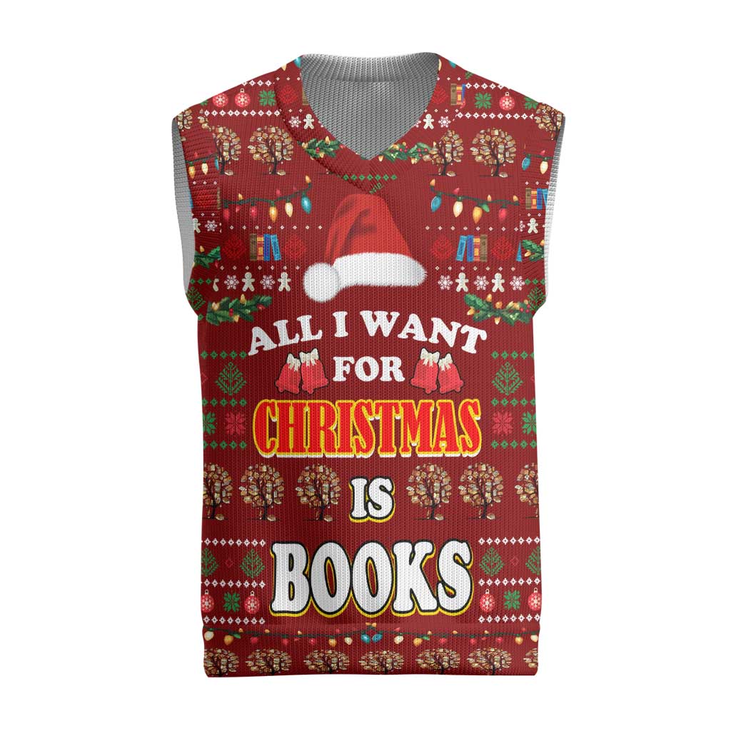 All I Want For Christmas Is Books Christmas Knitted V-Neck Vest Xmas Holiday Patterns - Wonder Print Shop