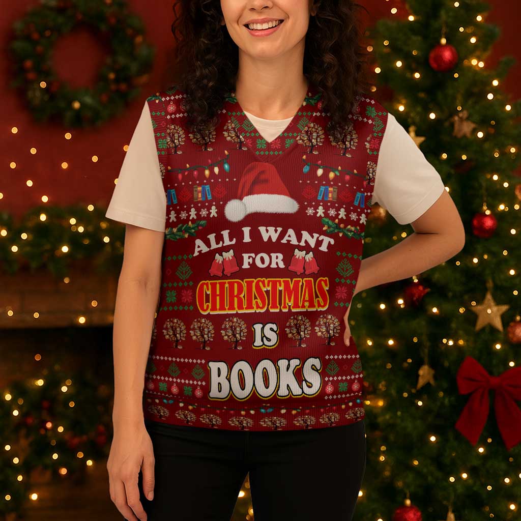 All I Want For Christmas Is Books Christmas Knitted V-Neck Vest Xmas Holiday Patterns - Wonder Print Shop