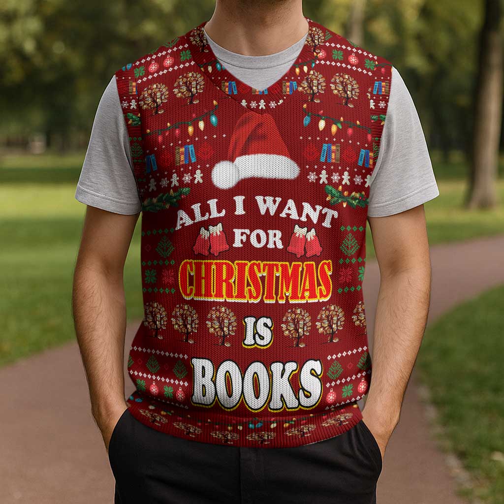 All I Want For Christmas Is Books Christmas Knitted V-Neck Vest Xmas Holiday Patterns - Wonder Print Shop