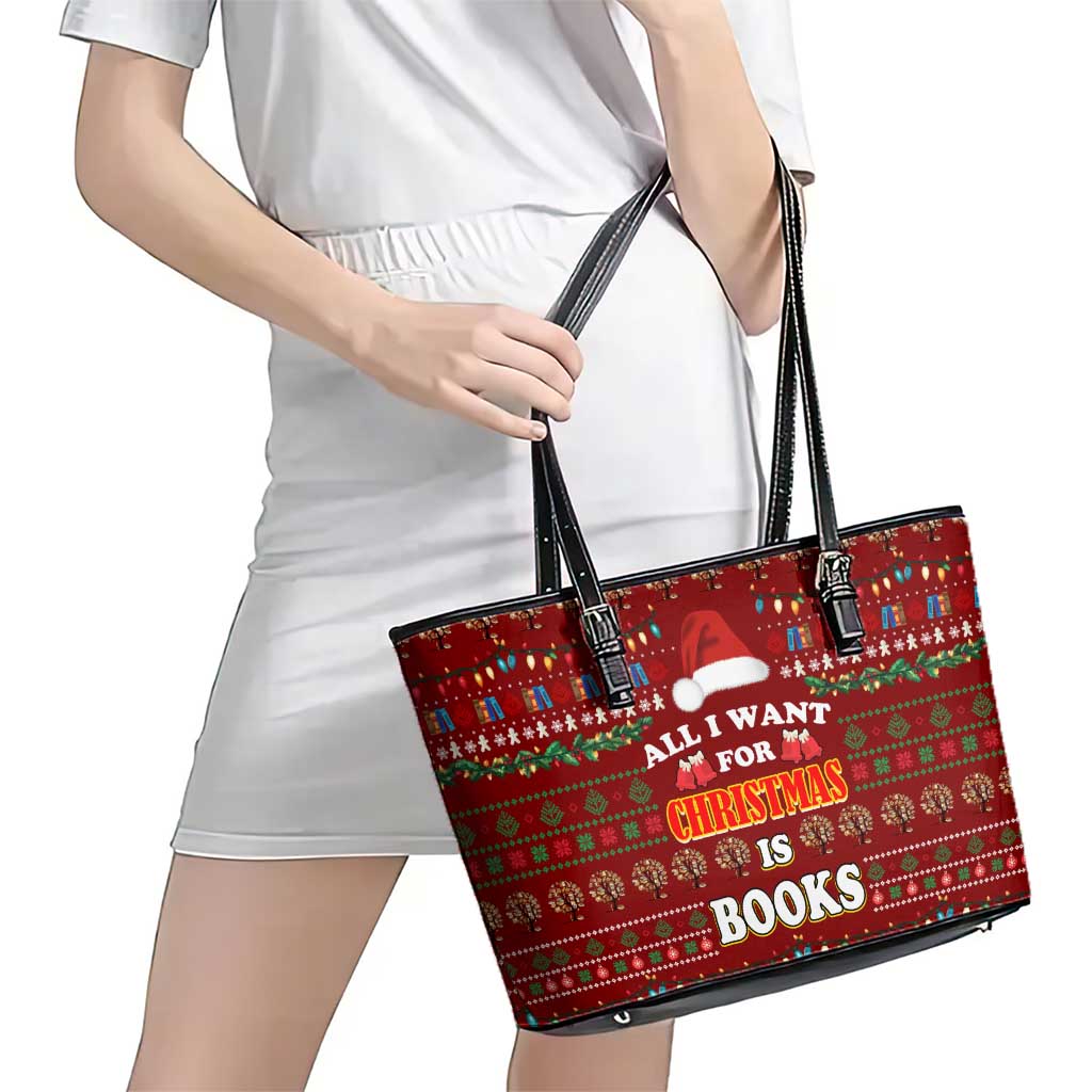 All I Want For Christmas Is Books Christmas Leather Tote Bag Xmas Holiday Patterns - Wonder Print Shop