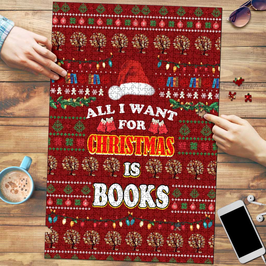 All I Want For Christmas Is Books Christmas Puzzle Xmas Holiday Patterns - Wonder Print Shop