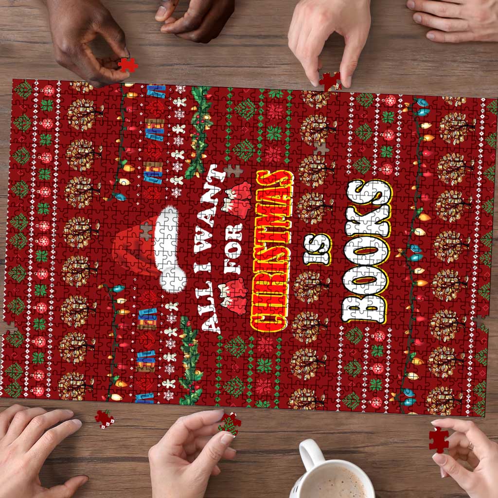 All I Want For Christmas Is Books Christmas Puzzle Xmas Holiday Patterns - Wonder Print Shop