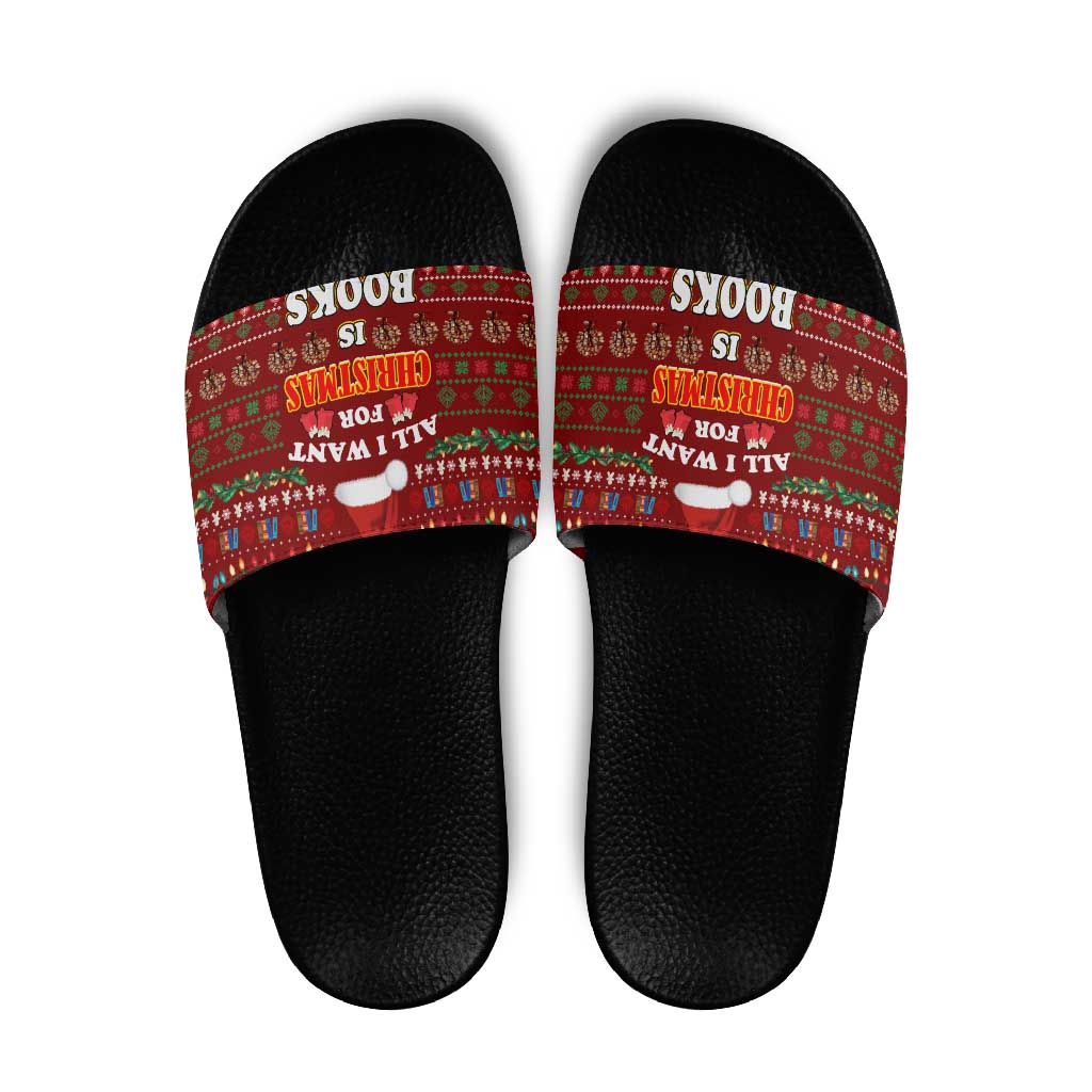 All I Want For Christmas Is Books Christmas Slide Sandals Xmas Holiday Patterns - Wonder Print Shop