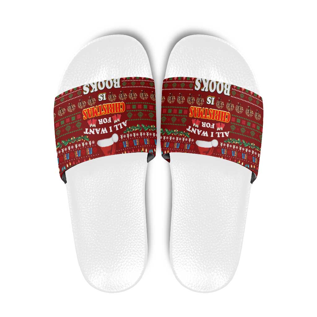 All I Want For Christmas Is Books Christmas Slide Sandals Xmas Holiday Patterns - Wonder Print Shop