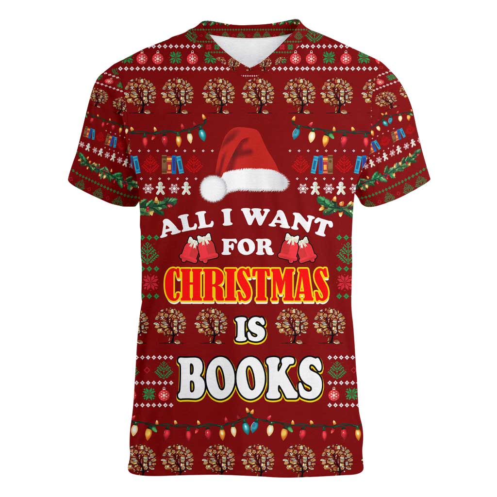 All I Want For Christmas Is Books Christmas Women V-Neck T-Shirt Xmas Holiday Patterns - Wonder Print Shop