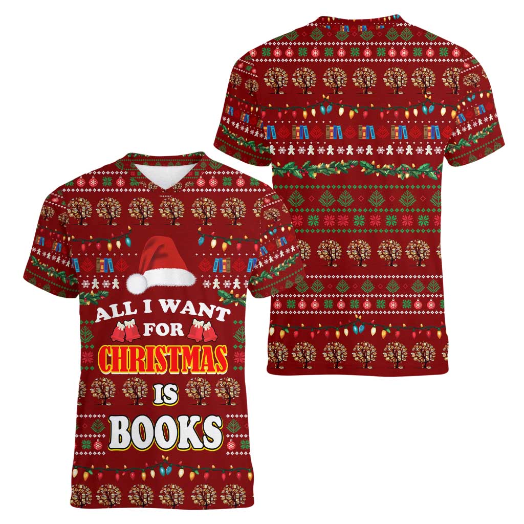 All I Want For Christmas Is Books Christmas Women V-Neck T-Shirt Xmas Holiday Patterns - Wonder Print Shop