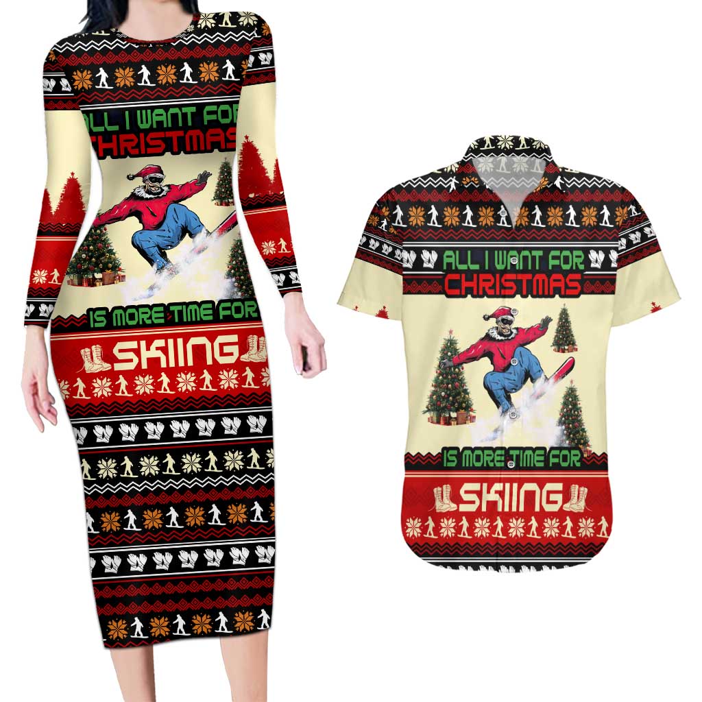 All I Want For Christmas Is Skiing Christmas Couples Matching Long Sleeve Bodycon Dress and Hawaiian Shirt Xmas Holiday Patterns - Wonder Print Shop