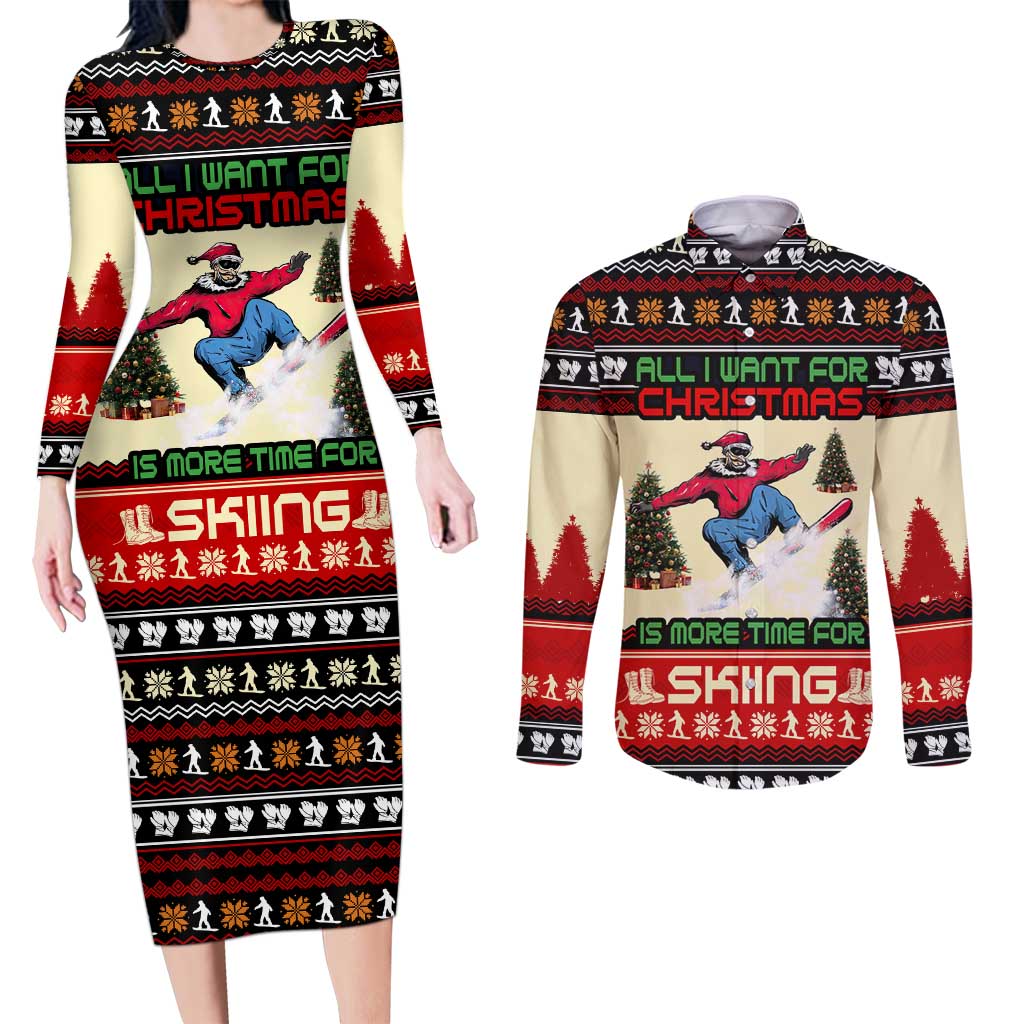 All I Want For Christmas Is Skiing Christmas Couples Matching Long Sleeve Bodycon Dress and Long Sleeve Button Shirt Xmas Holiday Patterns - Wonder Print Shop
