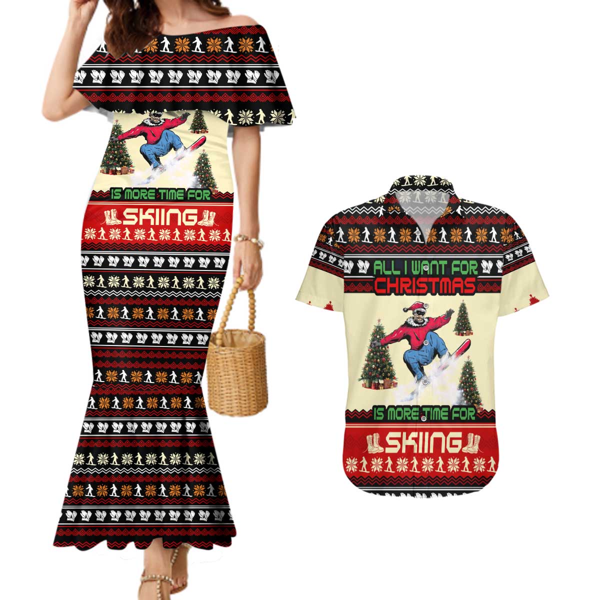 All I Want For Christmas Is Skiing Christmas Couples Matching Mermaid Dress and Hawaiian Shirt Xmas Holiday Patterns - Wonder Print Shop