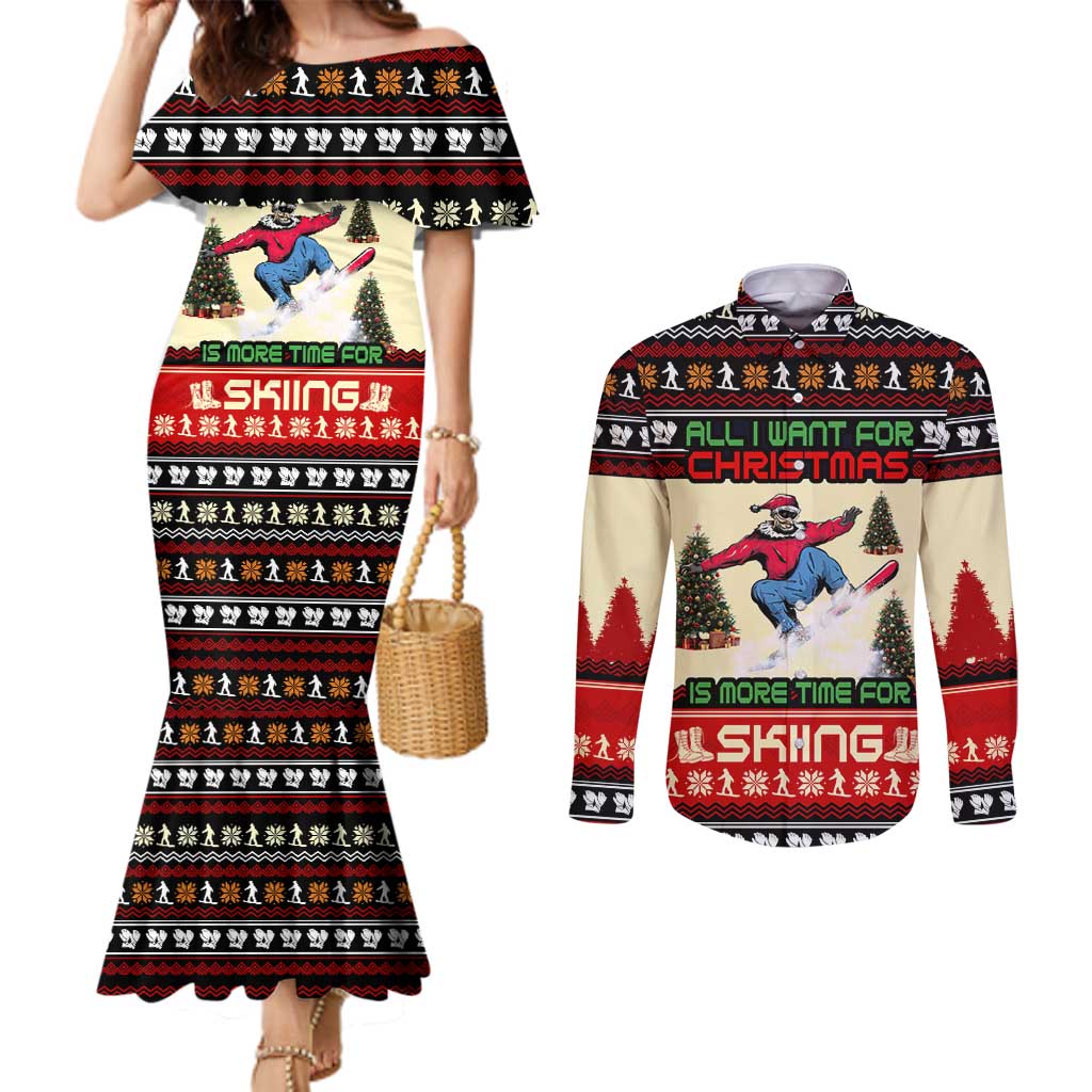 All I Want For Christmas Is Skiing Christmas Couples Matching Mermaid Dress and Long Sleeve Button Shirt Xmas Holiday Patterns - Wonder Print Shop