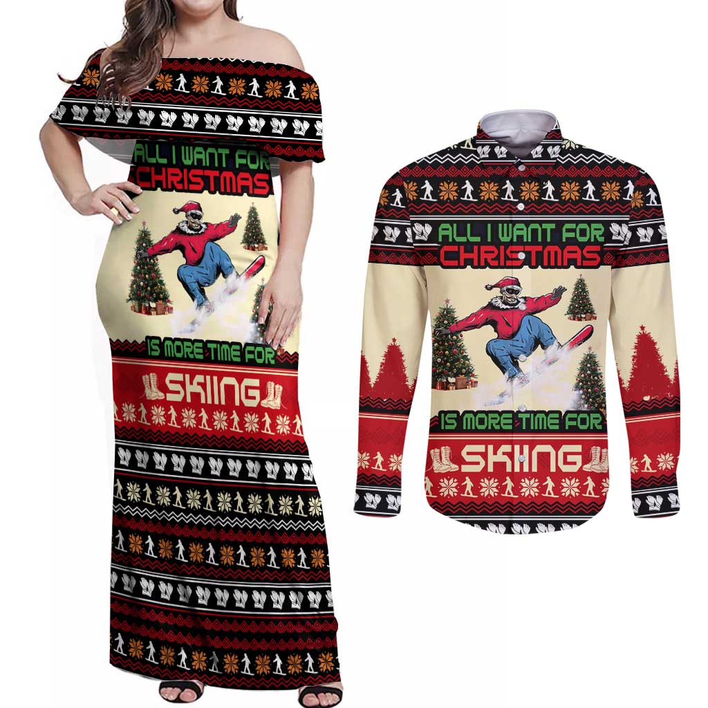 All I Want For Christmas Is Skiing Christmas Couples Matching Off Shoulder Maxi Dress and Long Sleeve Button Shirt Xmas Holiday Patterns - Wonder Print Shop