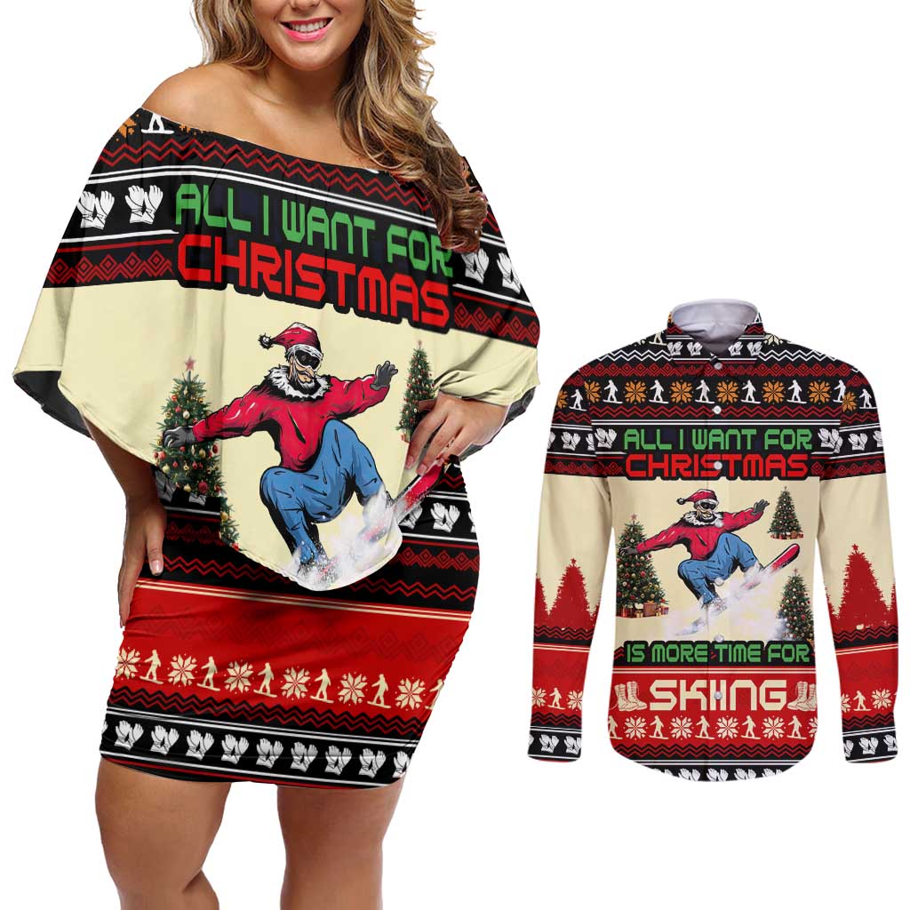 All I Want For Christmas Is Skiing Christmas Couples Matching Off Shoulder Short Dress and Long Sleeve Button Shirt Xmas Holiday Patterns - Wonder Print Shop