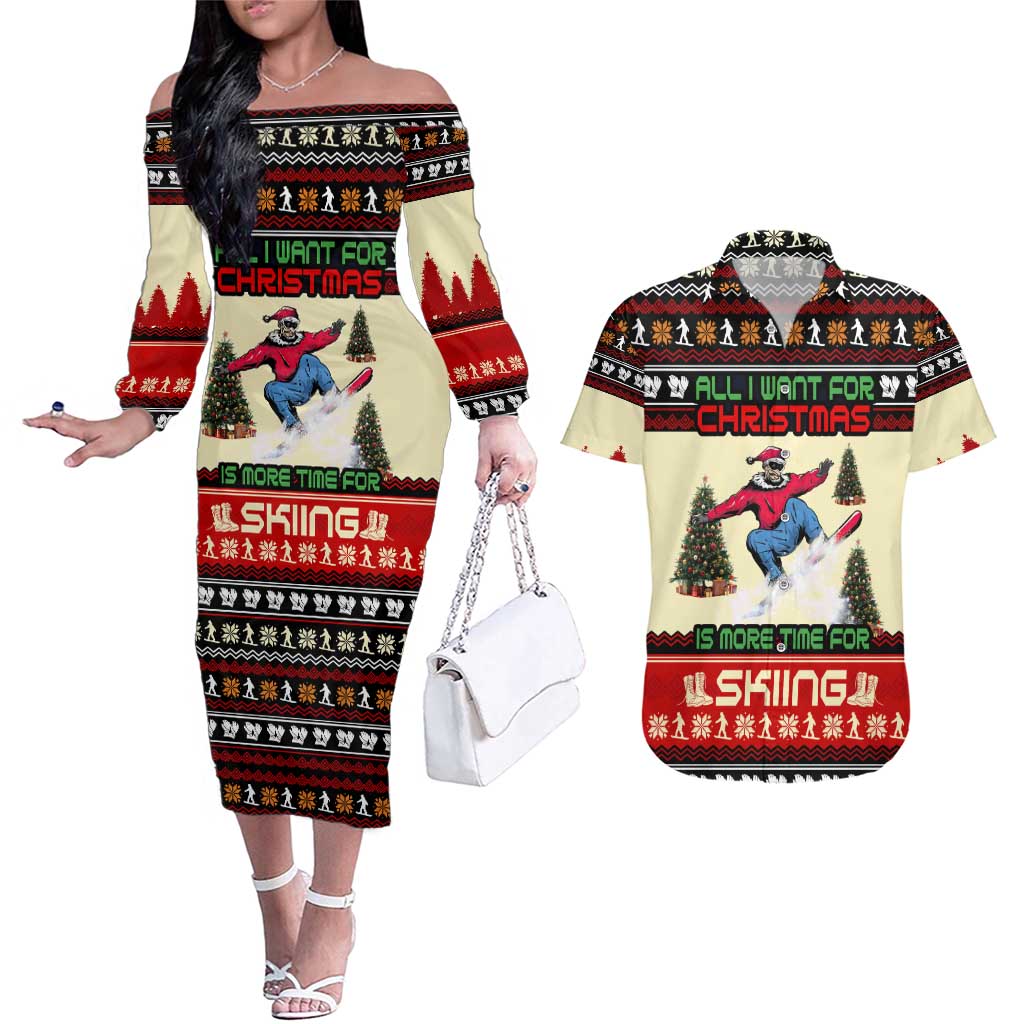 All I Want For Christmas Is Skiing Christmas Couples Matching Off The Shoulder Long Sleeve Dress and Hawaiian Shirt Xmas Holiday Patterns - Wonder Print Shop