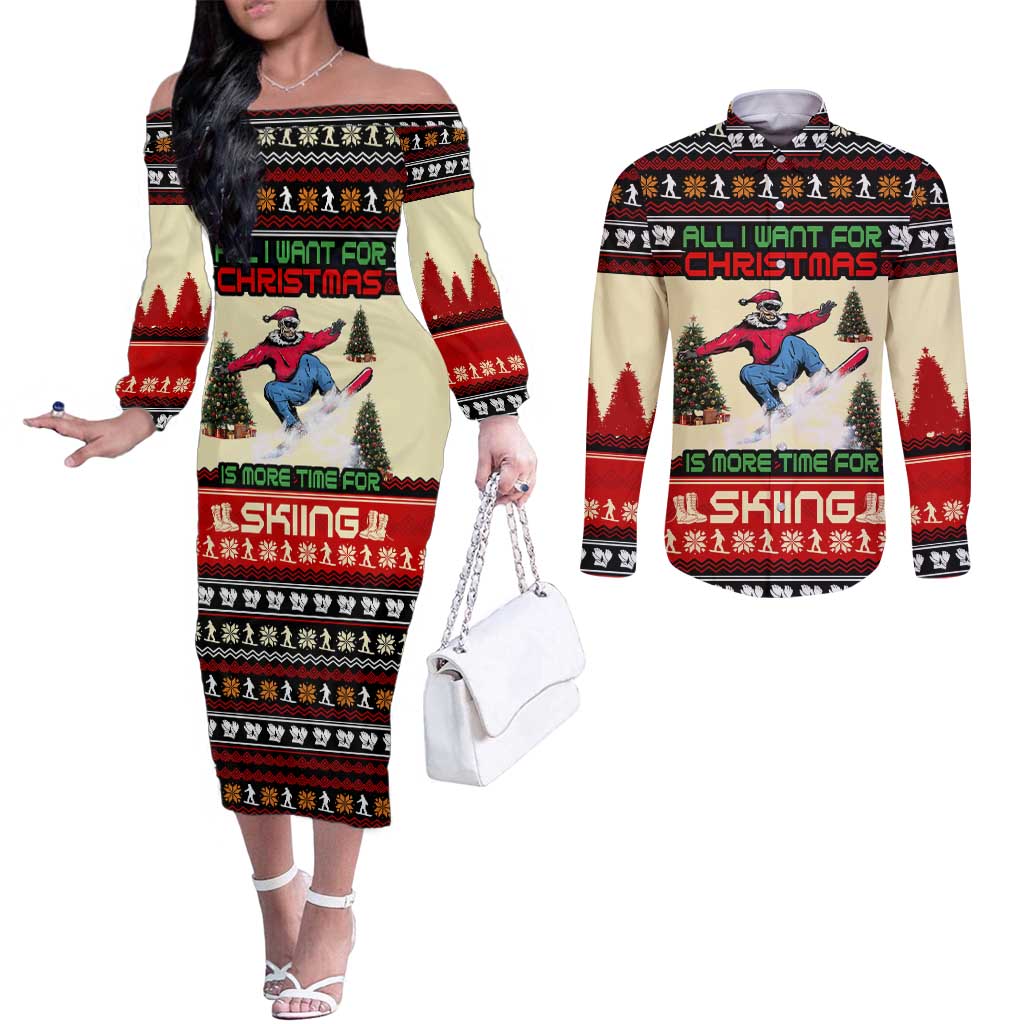 All I Want For Christmas Is Skiing Christmas Couples Matching Off The Shoulder Long Sleeve Dress and Long Sleeve Button Shirt Xmas Holiday Patterns - Wonder Print Shop