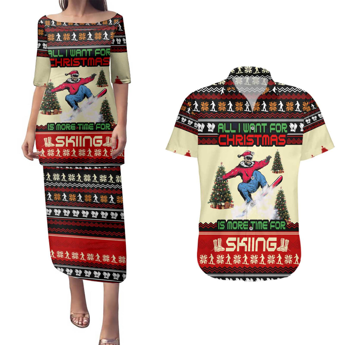 All I Want For Christmas Is Skiing Christmas Couples Matching Puletasi and Hawaiian Shirt Xmas Holiday Patterns - Wonder Print Shop