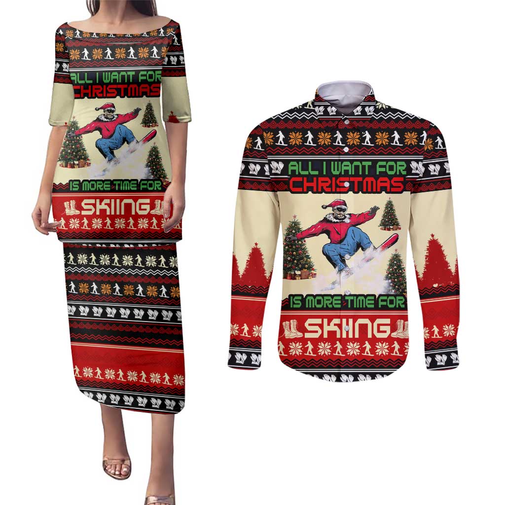 All I Want For Christmas Is Skiing Christmas Couples Matching Puletasi and Long Sleeve Button Shirt Xmas Holiday Patterns - Wonder Print Shop