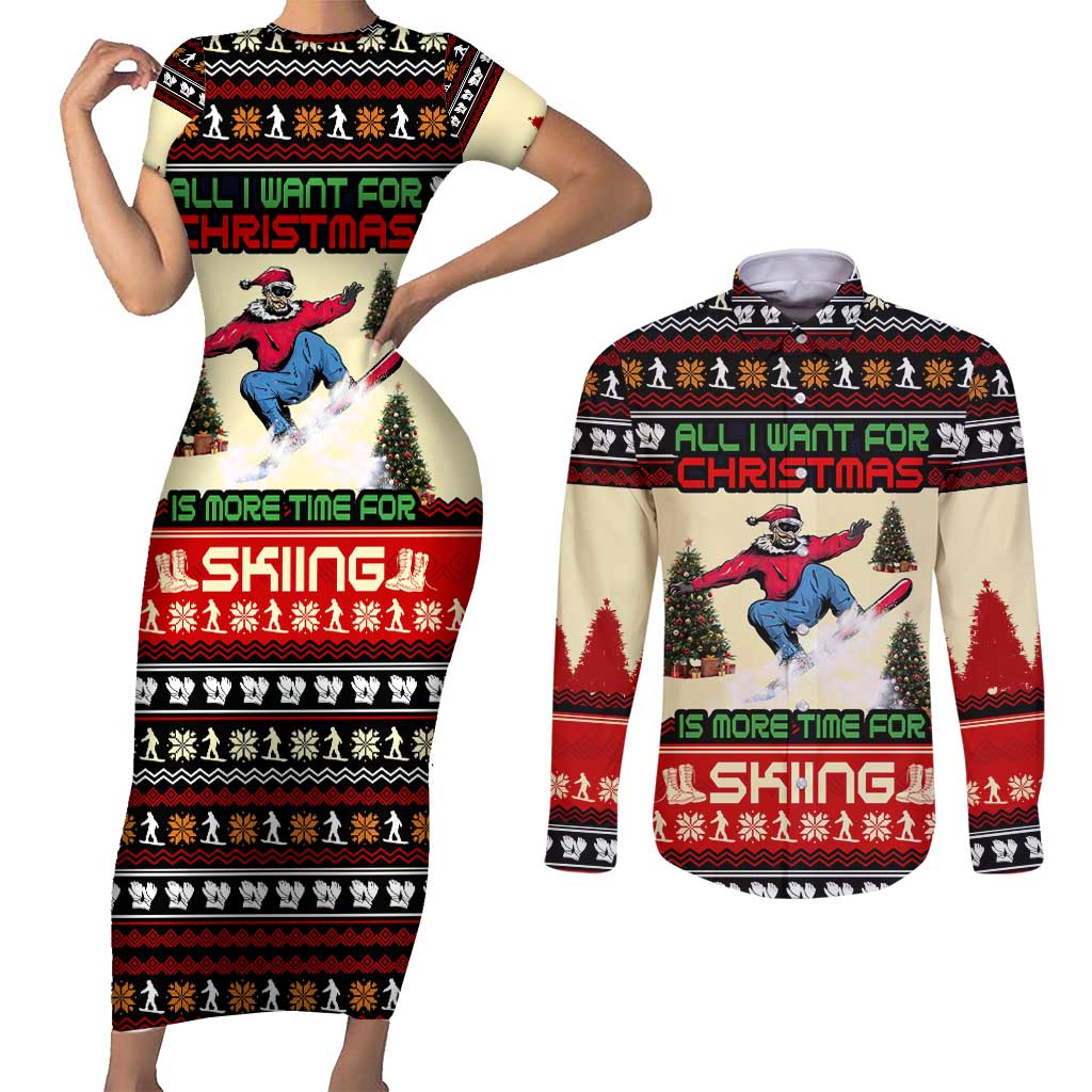All I Want For Christmas Is Skiing Christmas Couples Matching Short Sleeve Bodycon Dress and Long Sleeve Button Shirt Xmas Holiday Patterns - Wonder Print Shop