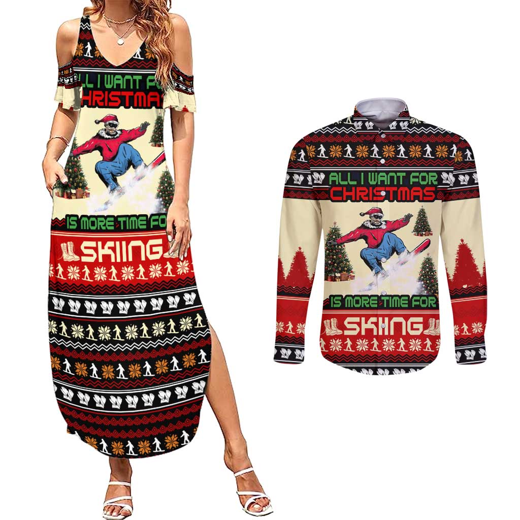 All I Want For Christmas Is Skiing Christmas Couples Matching Summer Maxi Dress and Long Sleeve Button Shirt Xmas Holiday Patterns - Wonder Print Shop