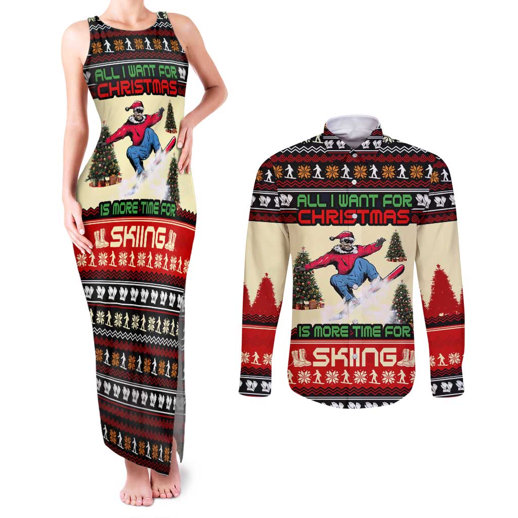 All I Want For Christmas Is Skiing Christmas Couples Matching Tank Maxi Dress and Long Sleeve Button Shirt Xmas Holiday Patterns - Wonder Print Shop