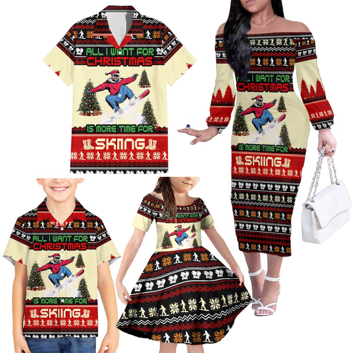 All I Want For Christmas Is Skiing Christmas Family Matching Off The Shoulder Long Sleeve Dress and Hawaiian Shirt Xmas Holiday Patterns - Wonder Print Shop