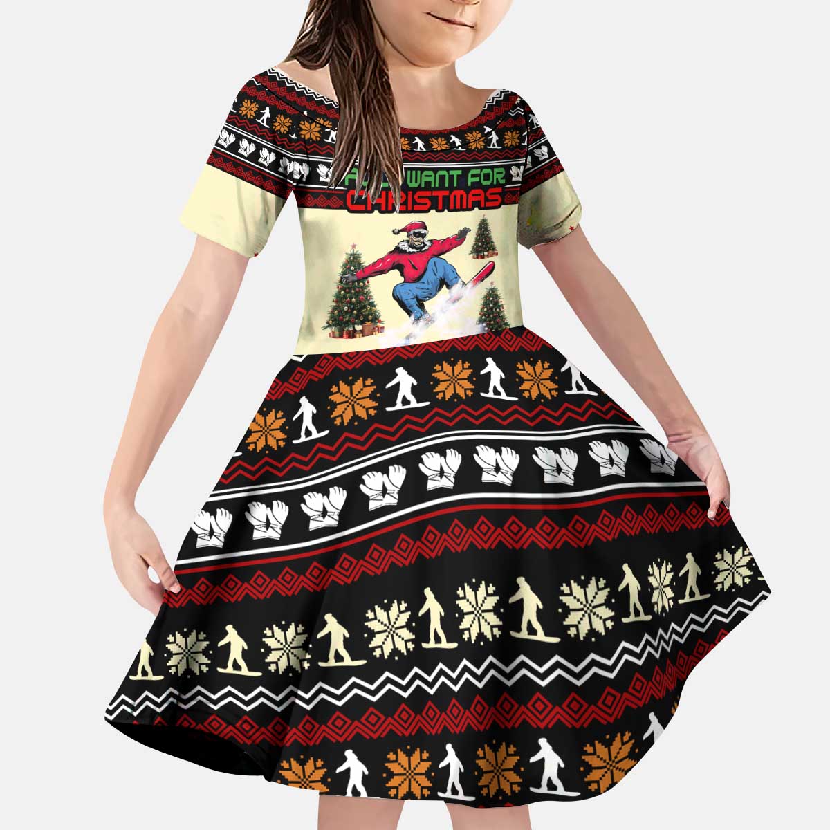 All I Want For Christmas Is Skiing Christmas Kid Short Sleeve Dress Xmas Holiday Patterns - Wonder Print Shop