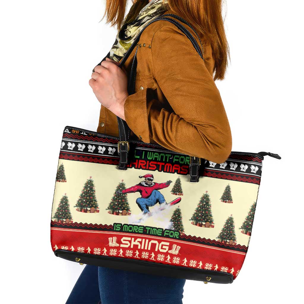 All I Want For Christmas Is Skiing Christmas Leather Tote Bag Xmas Holiday Patterns - Wonder Print Shop