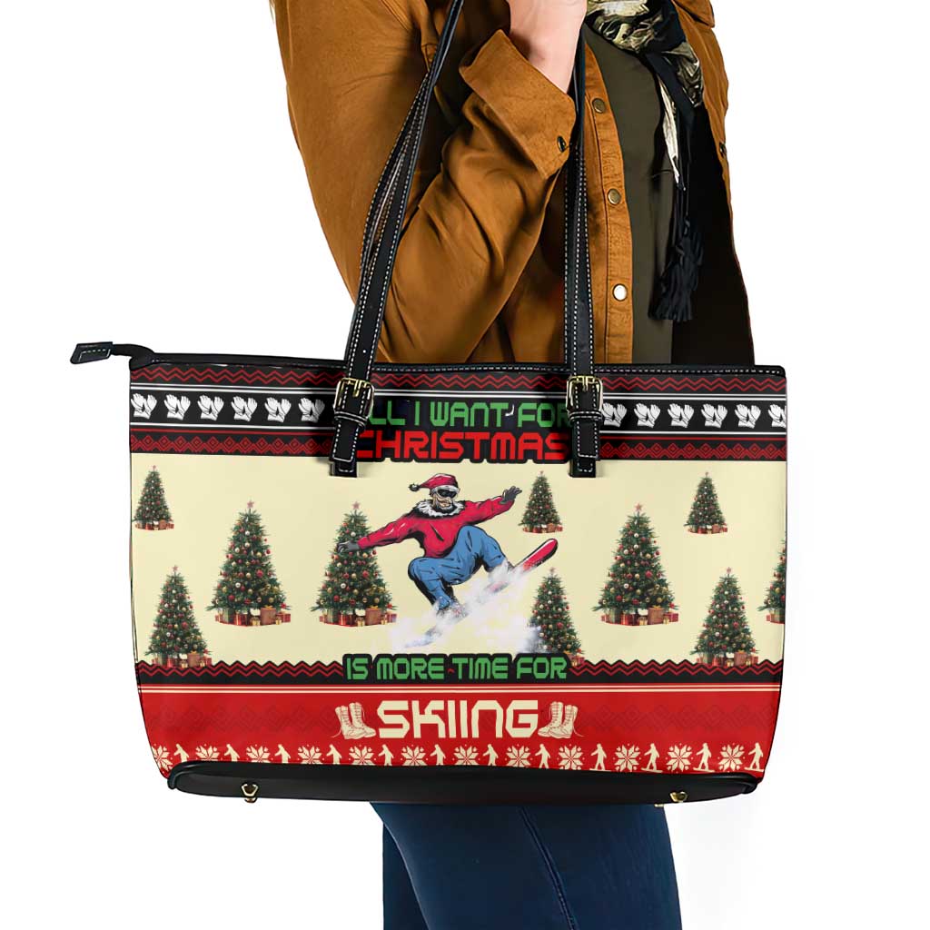All I Want For Christmas Is Skiing Christmas Leather Tote Bag Xmas Holiday Patterns - Wonder Print Shop
