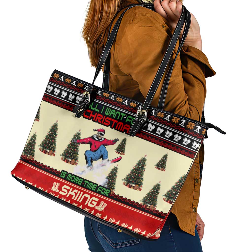 All I Want For Christmas Is Skiing Christmas Leather Tote Bag Xmas Holiday Patterns - Wonder Print Shop