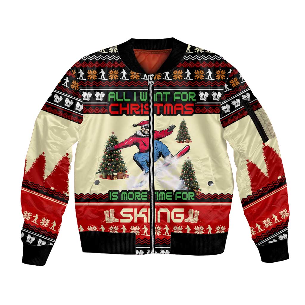 All I Want For Christmas Is Skiing Christmas Sleeve Zip Bomber Jacket Xmas Holiday Patterns - Wonder Print Shop