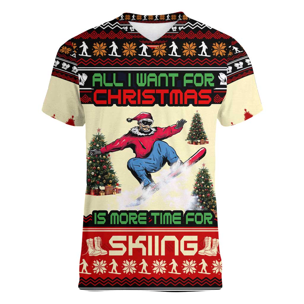 All I Want For Christmas Is Skiing Christmas Women V-Neck T-Shirt Xmas Holiday Patterns - Wonder Print Shop
