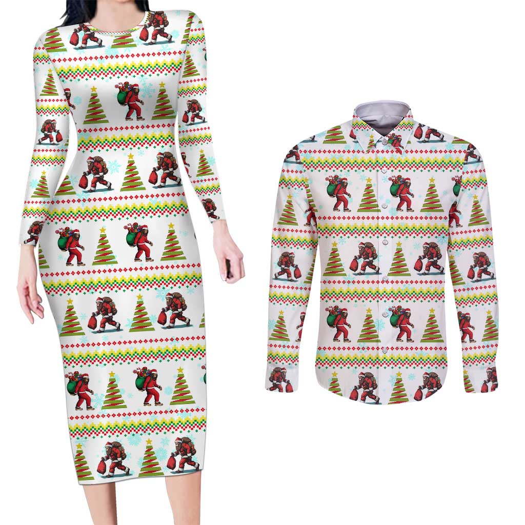 Amazing Bigfoot Christmas Couples Matching Long Sleeve Bodycon Dress and Long Sleeve Button Shirt Xmas Holiday Patterns - Wonder Print Shop