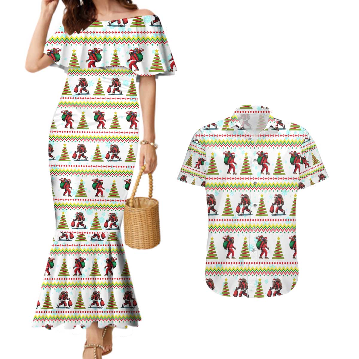Amazing Bigfoot Christmas Couples Matching Mermaid Dress and Hawaiian Shirt Xmas Holiday Patterns - Wonder Print Shop