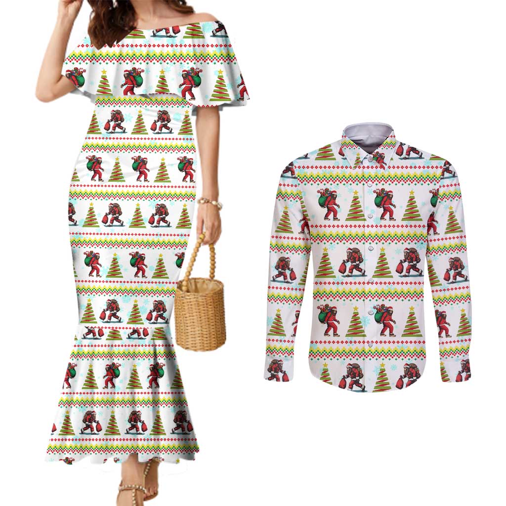 Amazing Bigfoot Christmas Couples Matching Mermaid Dress and Long Sleeve Button Shirt Xmas Holiday Patterns - Wonder Print Shop
