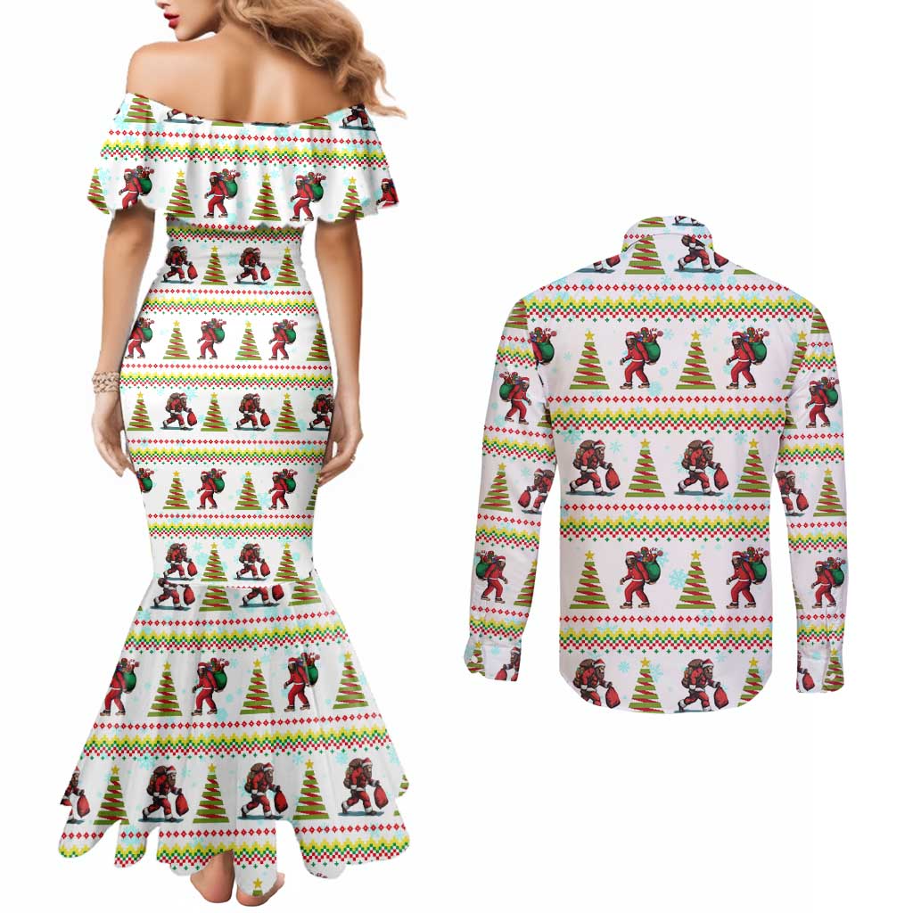 Amazing Bigfoot Christmas Couples Matching Mermaid Dress and Long Sleeve Button Shirt Xmas Holiday Patterns - Wonder Print Shop