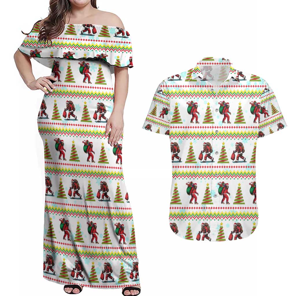 Amazing Bigfoot Christmas Couples Matching Off Shoulder Maxi Dress and Hawaiian Shirt Xmas Holiday Patterns - Wonder Print Shop