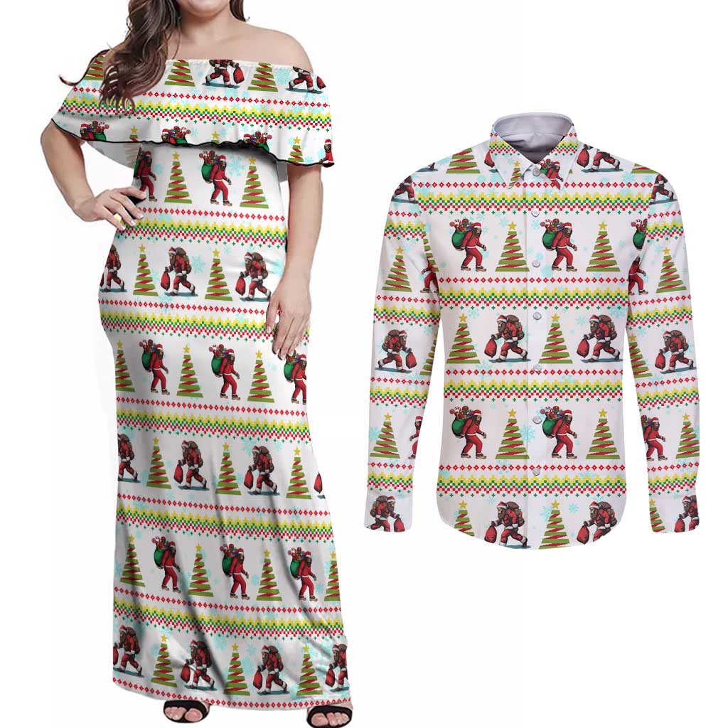 Amazing Bigfoot Christmas Couples Matching Off Shoulder Maxi Dress and Long Sleeve Button Shirt Xmas Holiday Patterns - Wonder Print Shop