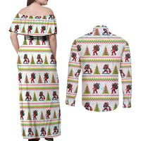 Amazing Bigfoot Christmas Couples Matching Off Shoulder Maxi Dress and Long Sleeve Button Shirt Xmas Holiday Patterns - Wonder Print Shop