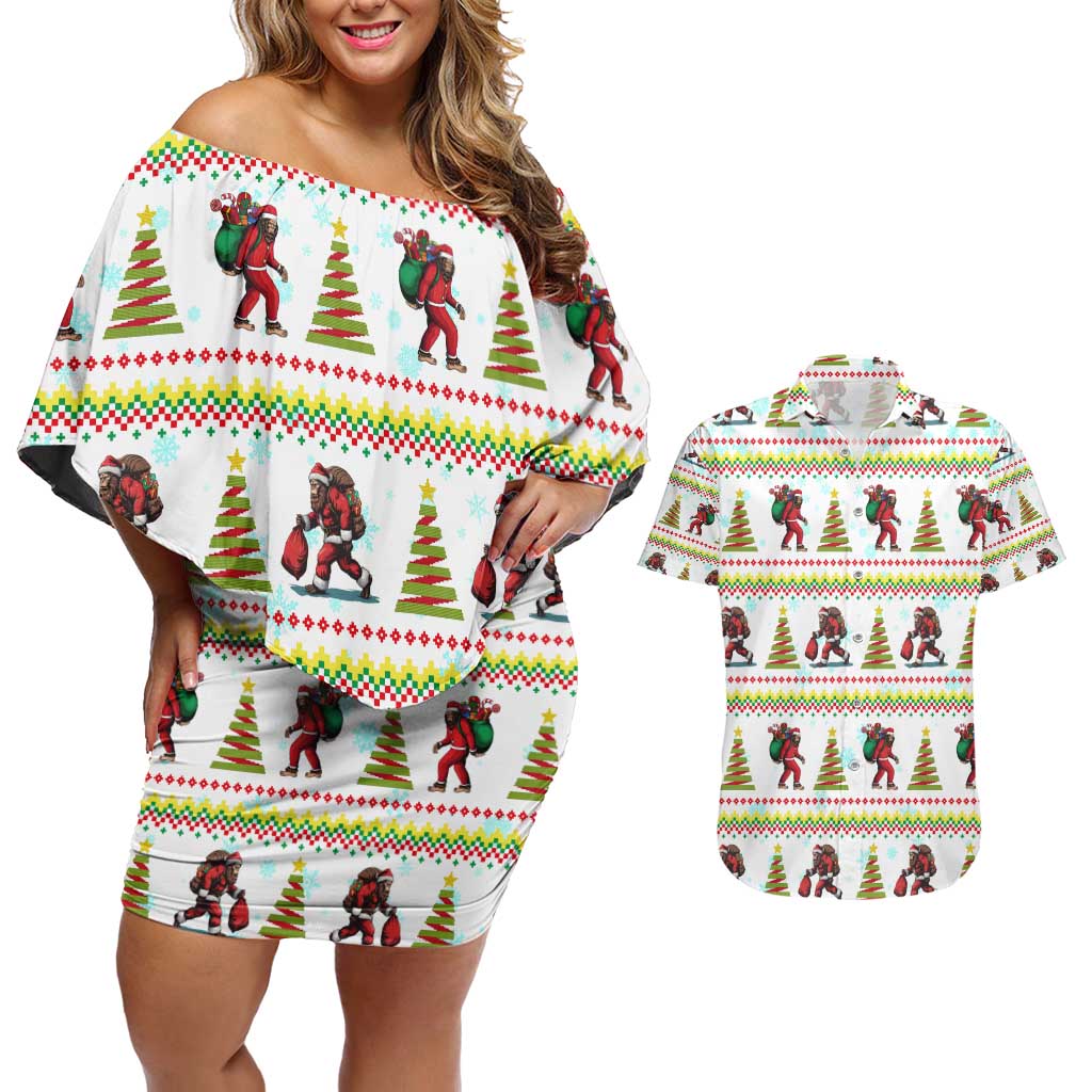 Amazing Bigfoot Christmas Couples Matching Off Shoulder Short Dress and Hawaiian Shirt Xmas Holiday Patterns - Wonder Print Shop