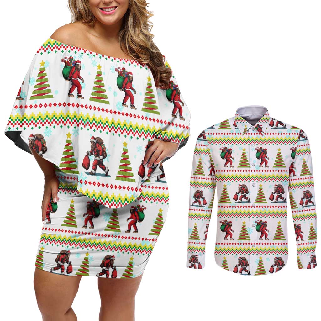 Amazing Bigfoot Christmas Couples Matching Off Shoulder Short Dress and Long Sleeve Button Shirt Xmas Holiday Patterns - Wonder Print Shop