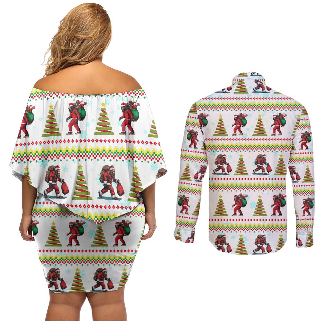 Amazing Bigfoot Christmas Couples Matching Off Shoulder Short Dress and Long Sleeve Button Shirt Xmas Holiday Patterns - Wonder Print Shop