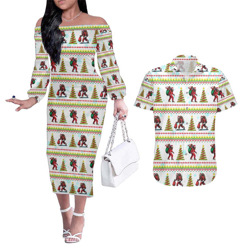 Amazing Bigfoot Christmas Couples Matching Off The Shoulder Long Sleeve Dress and Hawaiian Shirt Xmas Holiday Patterns - Wonder Print Shop
