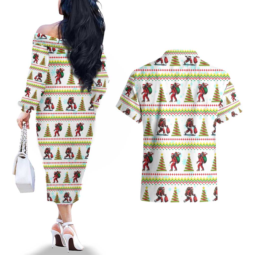 Amazing Bigfoot Christmas Couples Matching Off The Shoulder Long Sleeve Dress and Hawaiian Shirt Xmas Holiday Patterns - Wonder Print Shop