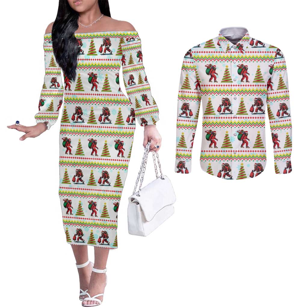 Amazing Bigfoot Christmas Couples Matching Off The Shoulder Long Sleeve Dress and Long Sleeve Button Shirt Xmas Holiday Patterns - Wonder Print Shop