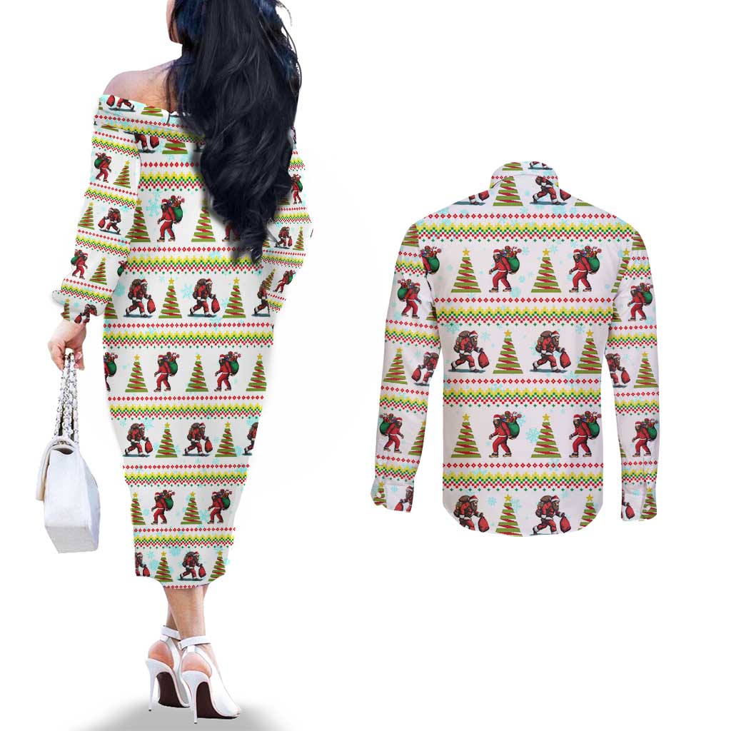 Amazing Bigfoot Christmas Couples Matching Off The Shoulder Long Sleeve Dress and Long Sleeve Button Shirt Xmas Holiday Patterns - Wonder Print Shop