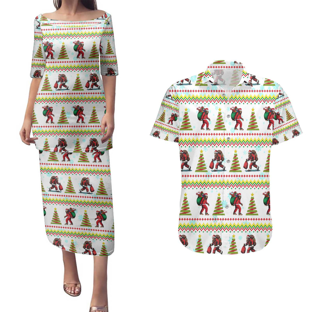 Amazing Bigfoot Christmas Couples Matching Puletasi and Hawaiian Shirt Xmas Holiday Patterns - Wonder Print Shop